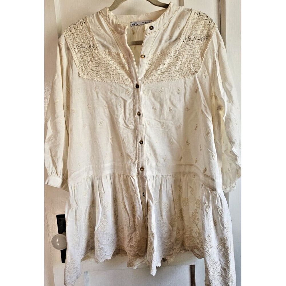 ZARA laced eyelet 3/4 Sleeves embroidery shirt dress linen cotton woman Sz S